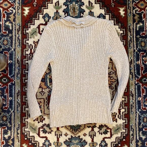 RUBY RD. M Gold-Dusted Ruffle Edged Cotton Blend Cardigan Sweater w/ Pockets - Picture 5 of 8